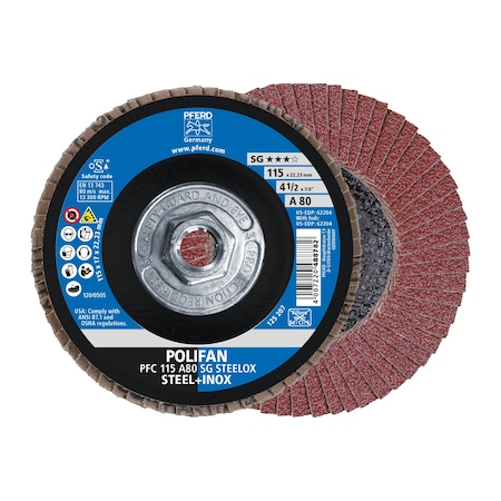 Pferd 4-1/2" x 5/8-11 Thd. POLIFAN Flap Disc - A SG STEELOX, Aluminum oxide, 80 Grit, Conical 62304